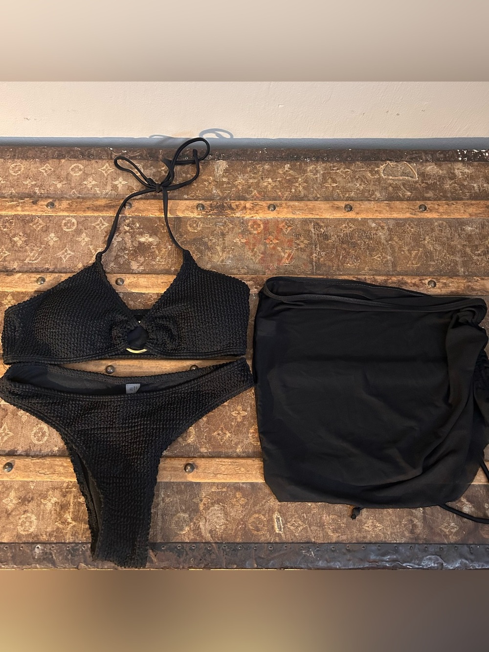 Textured Black Bikini Set with Cover-Up
